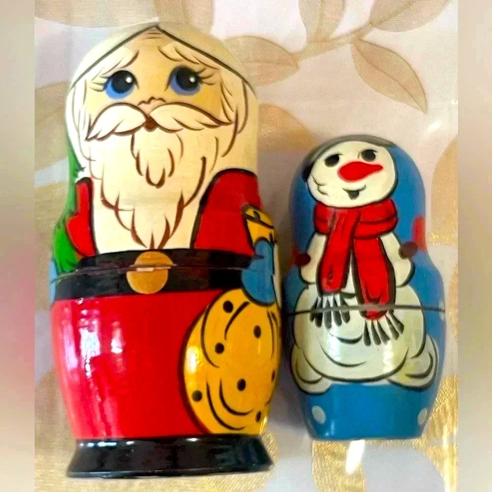 USSR Christmas Dolls Vintage 2 Piece Hand Painted carved Wood
